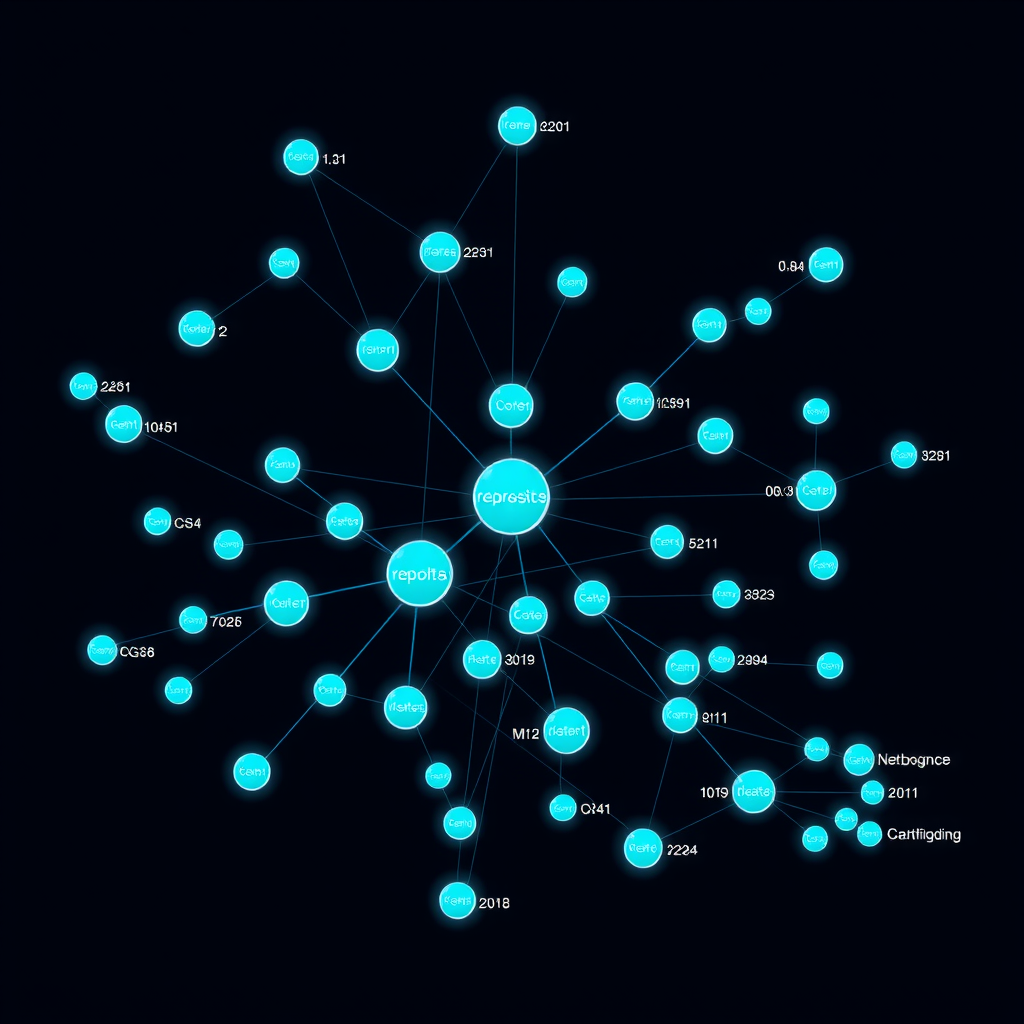 Network graph showing connections between major video generation repositories, with nodes sized by contributor count and edges representing code dependencies, rendered in electric teal and deep blue colors