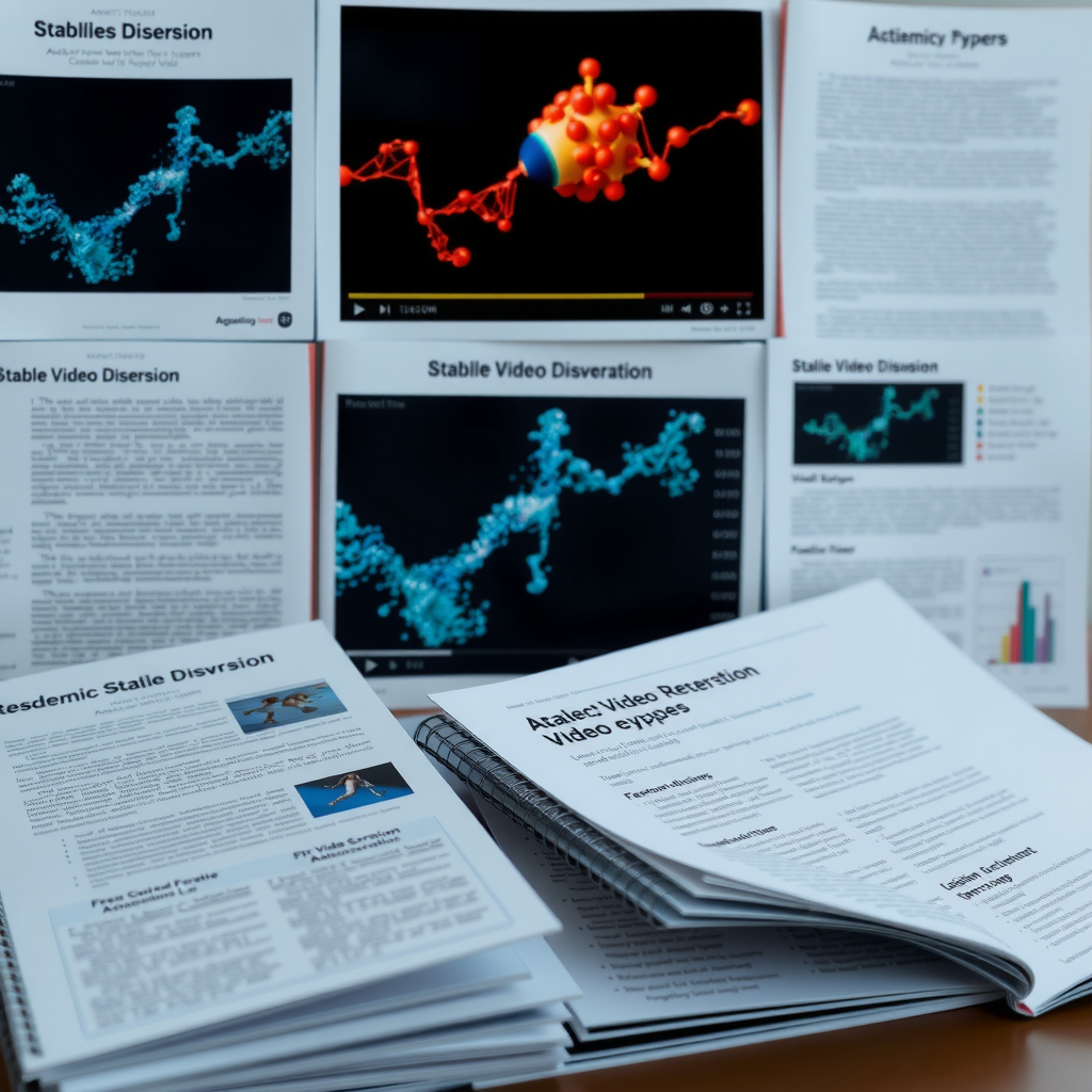 Collection of academic research papers on stable video diffusion, showing abstracts, experimental results, citation networks, and breakthrough findings in AI video generation