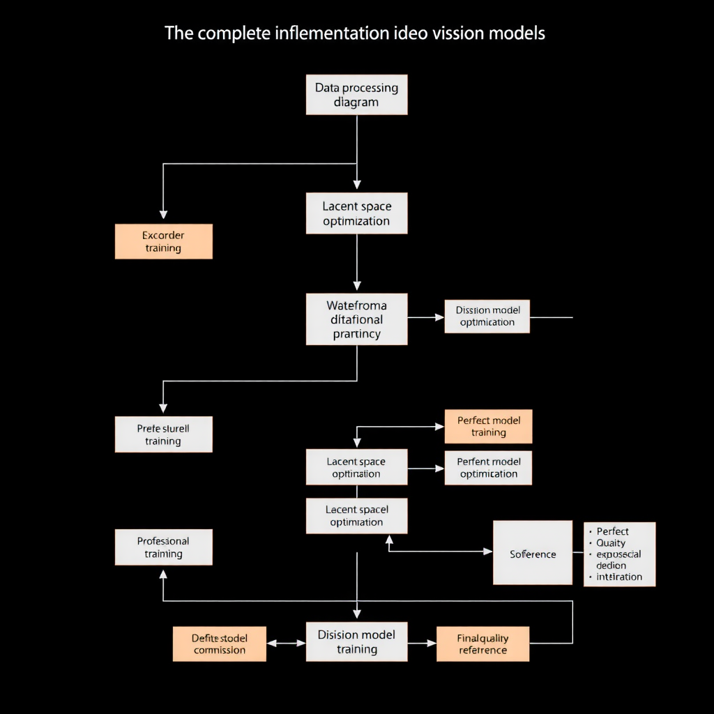 Flowchart diagram illustrating the complete implementation workflow for video diffusion models, showing sequential steps from data preprocessing through encoder training, latent space optimization, diffusion model training, and final inference, with decision points and feedback loops clearly marked