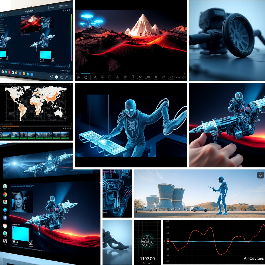 Collage of screenshots and visualizations from emerging video generation tools, featuring user interfaces, generated video frames, and technical architecture diagrams with futuristic styling